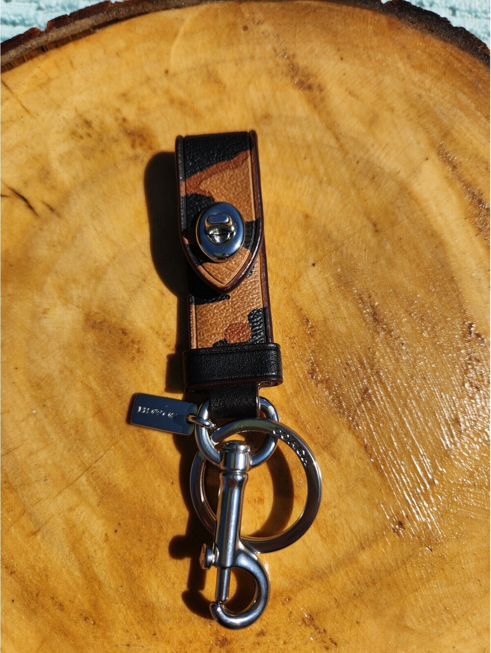 Coach Trigger Snap Bag Charm Keychain Leopard Print Silver Turnlock
